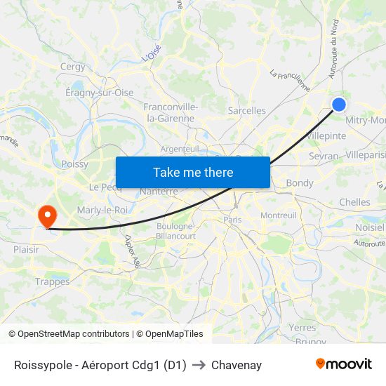 Roissypole - Aéroport Cdg1 (D1) to Chavenay map