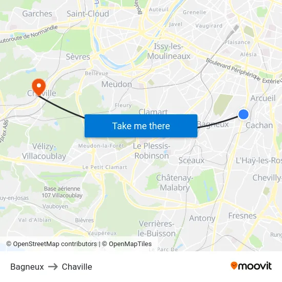 Bagneux to Chaville map