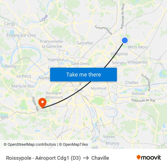 Roissypole - Aéroport Cdg1 (D3) to Chaville map