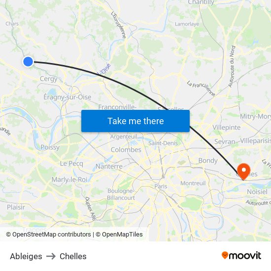 Ableiges to Chelles map