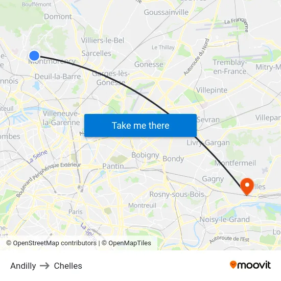 Andilly to Chelles map
