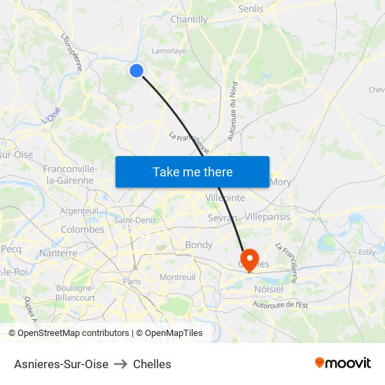 Asnieres-Sur-Oise to Chelles map