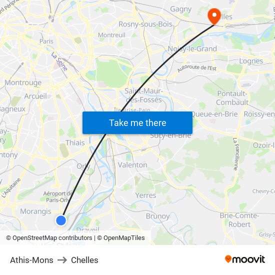 Athis-Mons to Chelles map