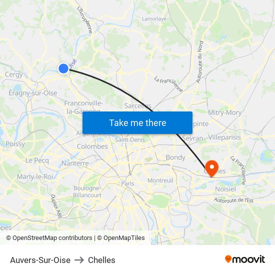 Auvers-Sur-Oise to Chelles map