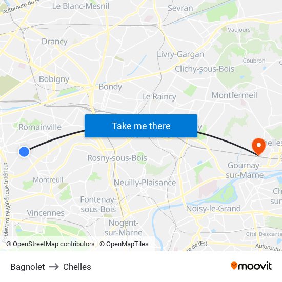 Bagnolet to Chelles map