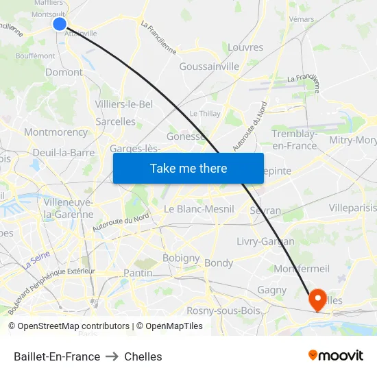 Baillet-En-France to Chelles map