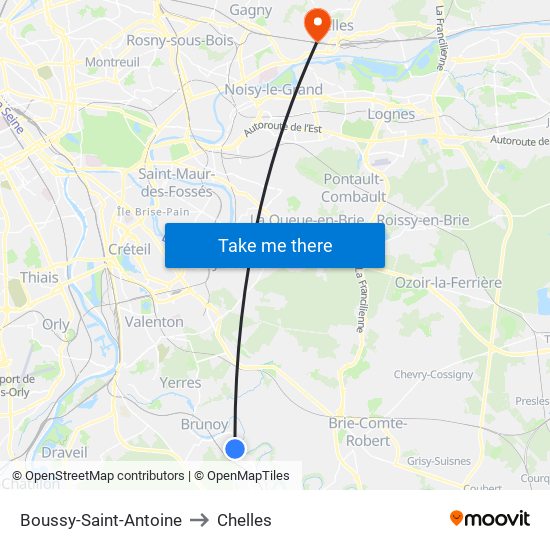 Boussy-Saint-Antoine to Chelles map