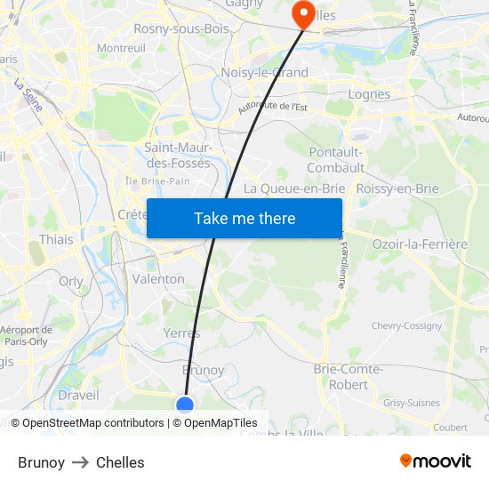 Brunoy to Chelles map