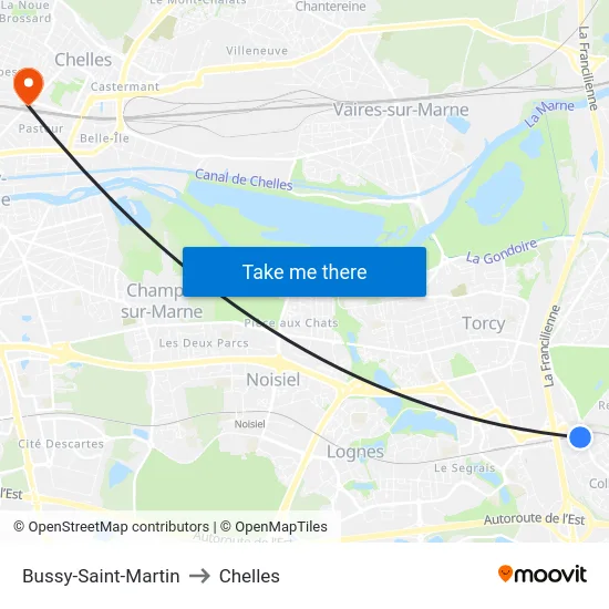 Bussy-Saint-Martin to Chelles map