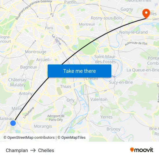 Champlan to Chelles map