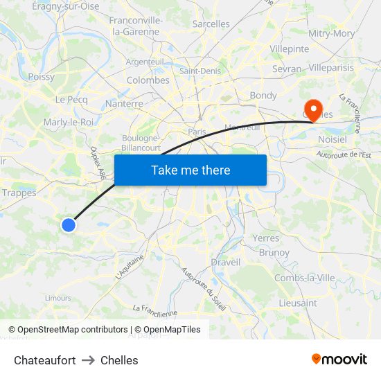 Chateaufort to Chelles map