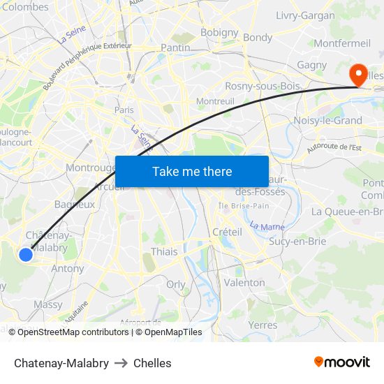 Chatenay-Malabry to Chelles map