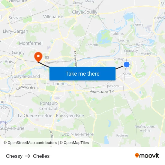 Chessy to Chelles map