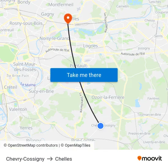 Chevry-Cossigny to Chelles map