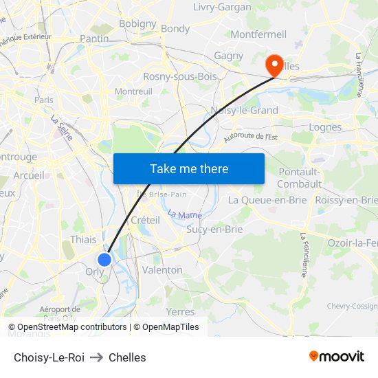 Choisy-Le-Roi to Chelles map