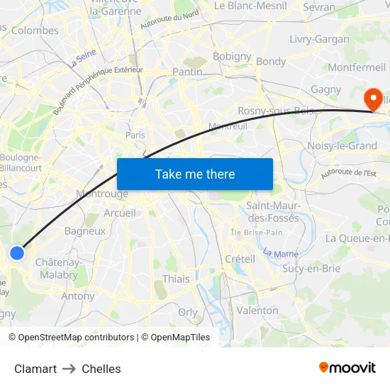 Clamart to Chelles map