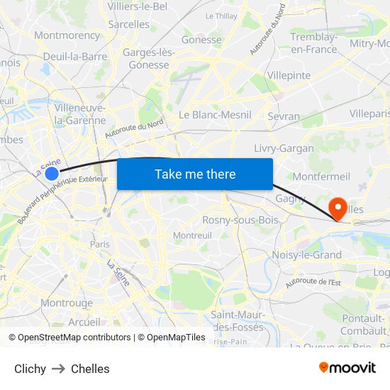 Clichy to Chelles map