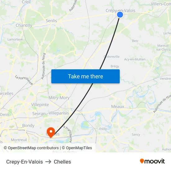 Crepy-En-Valois to Chelles map