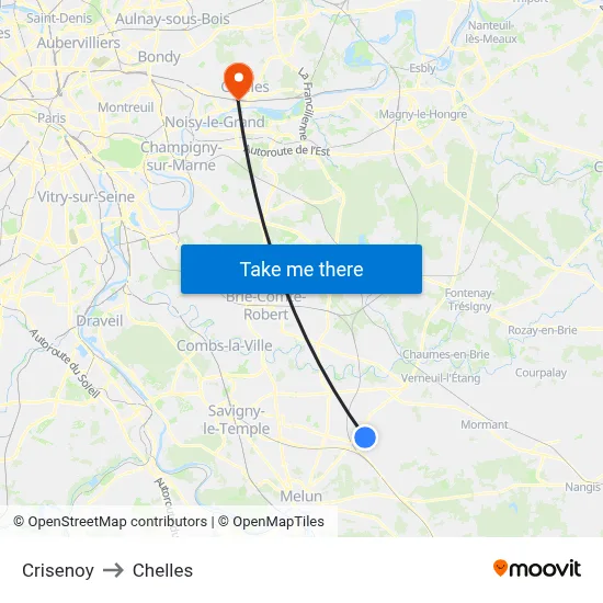 Crisenoy to Chelles map