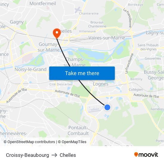 Croissy-Beaubourg to Chelles map