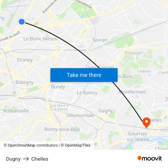 Dugny to Chelles map