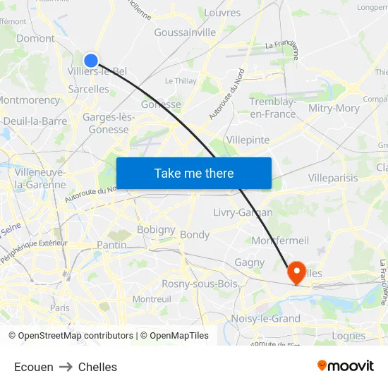 Ecouen to Chelles map