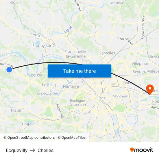 Ecquevilly to Chelles map