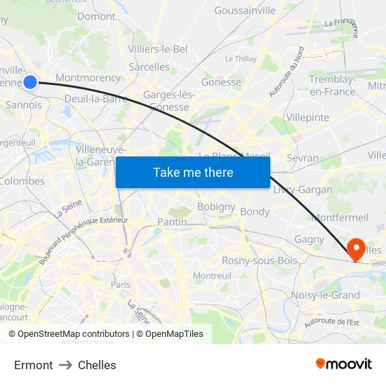Ermont to Chelles map