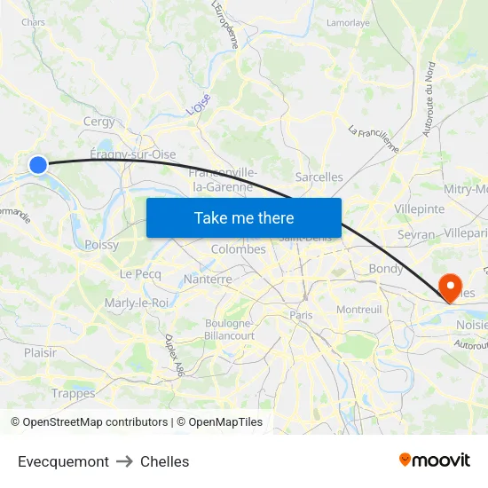 Evecquemont to Chelles map