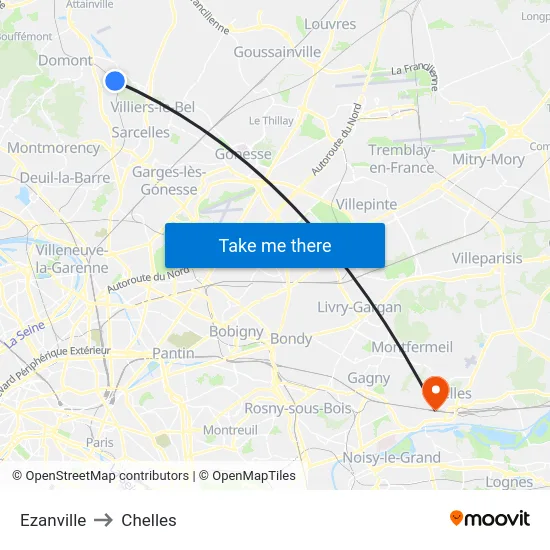 Ezanville to Chelles map