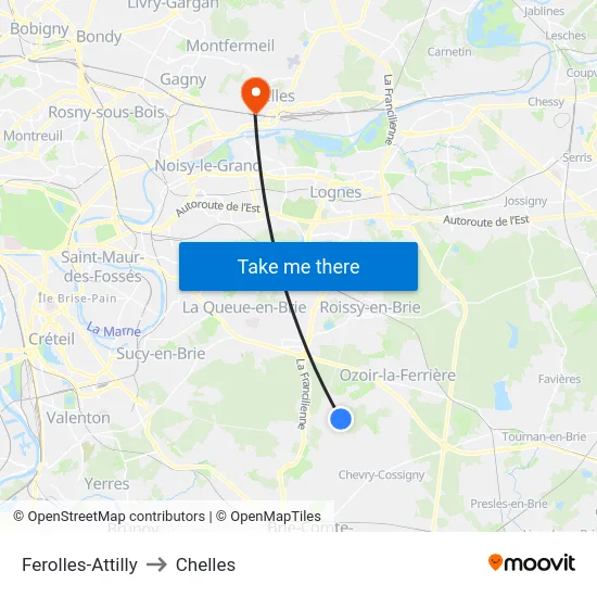 Ferolles-Attilly to Chelles map