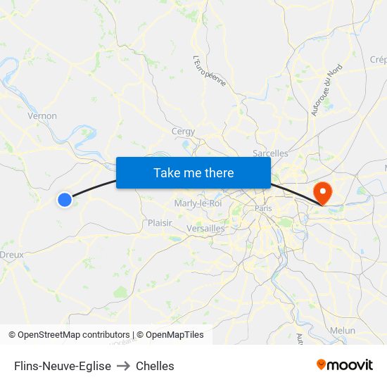 Flins-Neuve-Eglise to Chelles map