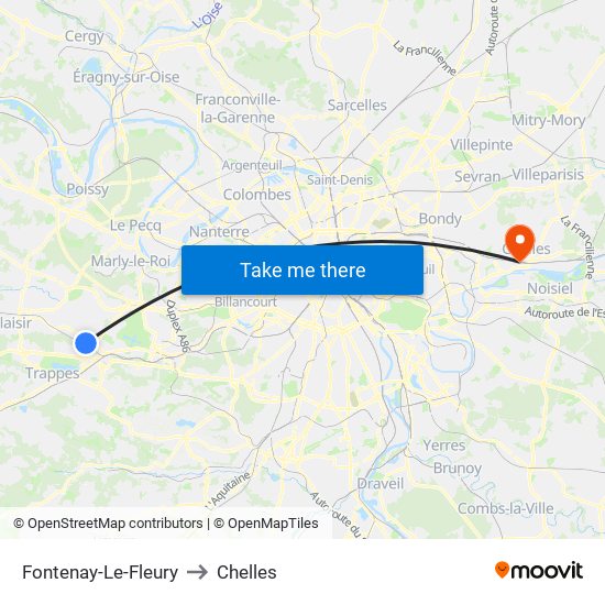 Fontenay-Le-Fleury to Chelles map