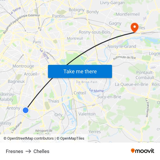 Fresnes to Chelles map