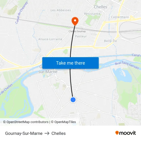 Gournay-Sur-Marne to Chelles map