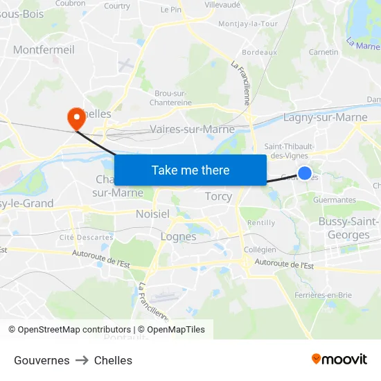 Gouvernes to Chelles map
