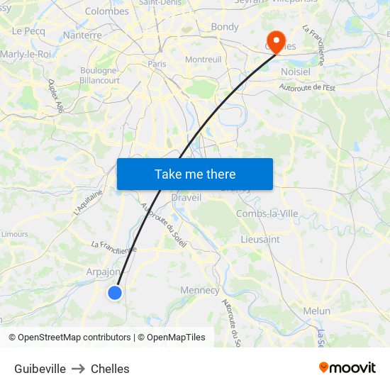 Guibeville to Chelles map