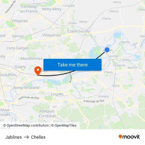 Jablines to Chelles map
