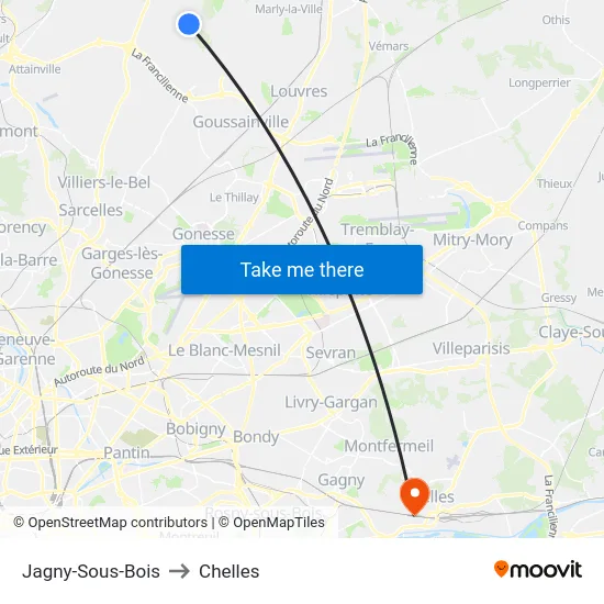 Jagny-Sous-Bois to Chelles map