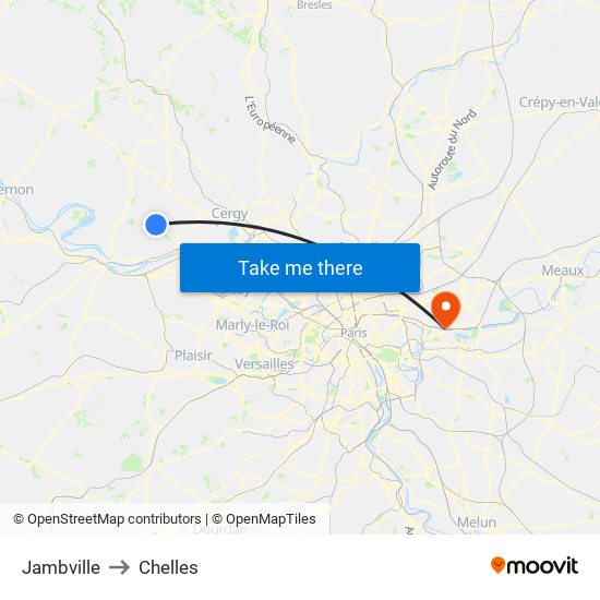 Jambville to Chelles map