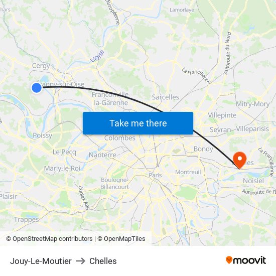 Jouy-Le-Moutier to Chelles map