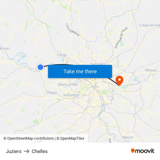 Juziers to Chelles map