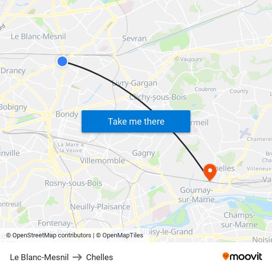 Le Blanc-Mesnil to Chelles map