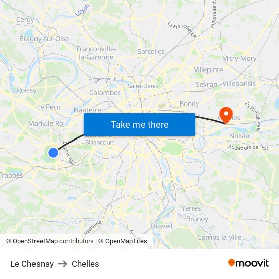 Le Chesnay to Chelles map
