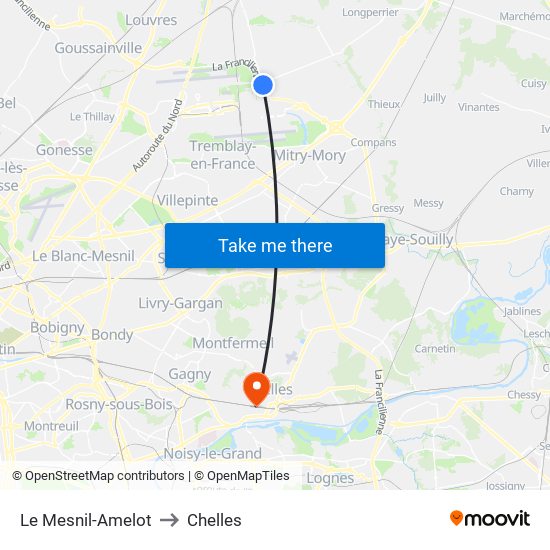 Le Mesnil-Amelot to Chelles map