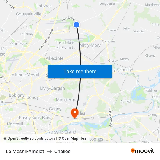 Le Mesnil-Amelot to Chelles map