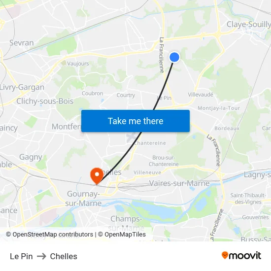 Le Pin to Chelles map