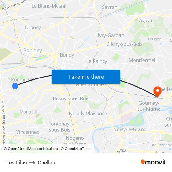 Les Lilas to Chelles map