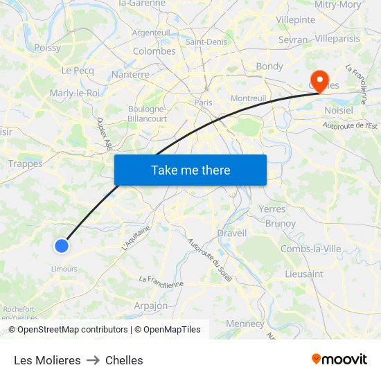 Les Molieres to Chelles map