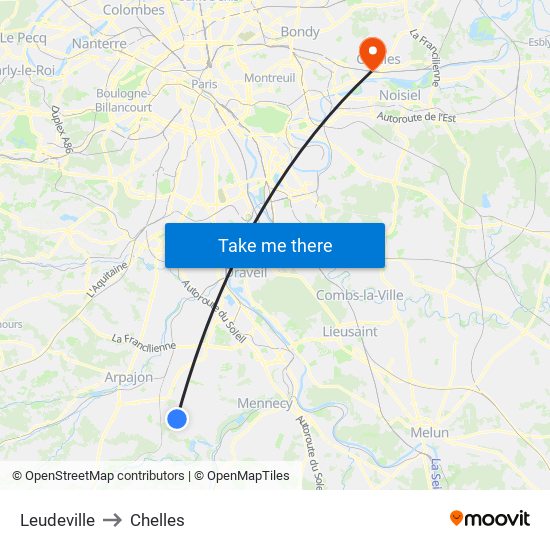 Leudeville to Chelles map